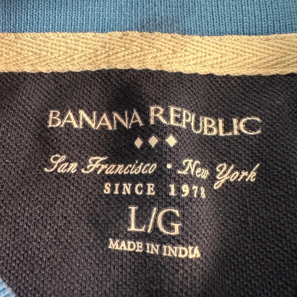 Banana Republic Men Palm Tree Polo Shirt Blue Summer Print L 457622-00 Jewel Sea